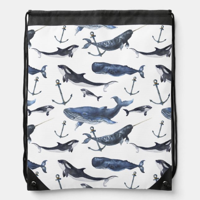 Watercolor Whale & Anchor Pattern Drawstring Bag (Front)