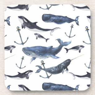Watercolor Whale & Anchor Pattern Drink Coaster
