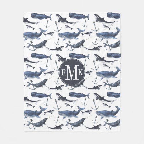 Watercolor Whale  Anchor Pattern Fleece Blanket