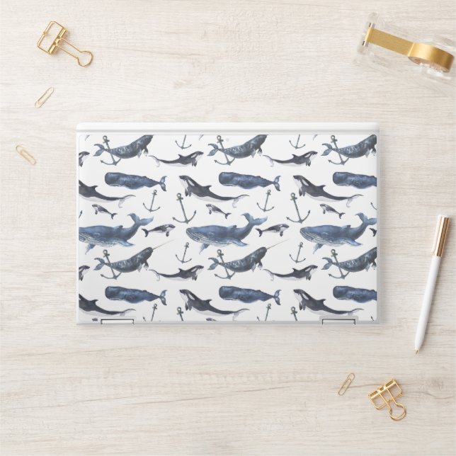 Watercolor Whale & Anchor Pattern HP Laptop Skin (Desk)