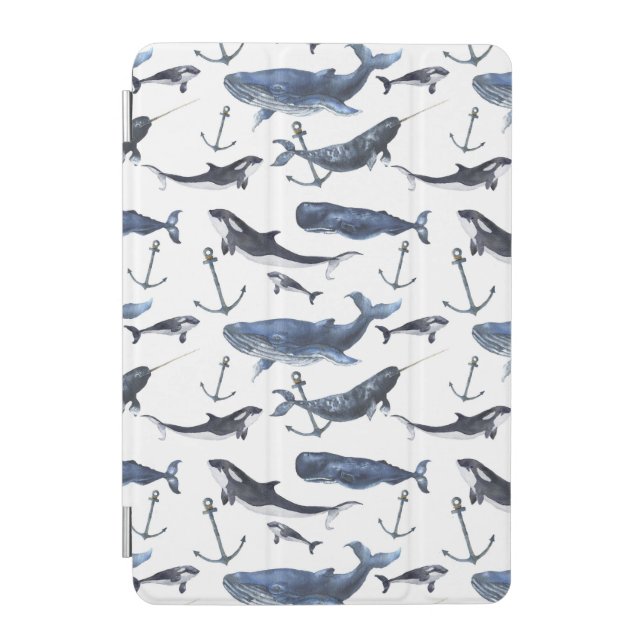 Watercolor Whale & Anchor Pattern iPad Mini Cover (Front)