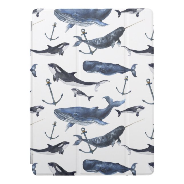 Watercolor Whale & Anchor Pattern iPad Pro Cover (Front)
