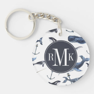 Watercolor Whale & Anchor Pattern Keychain
