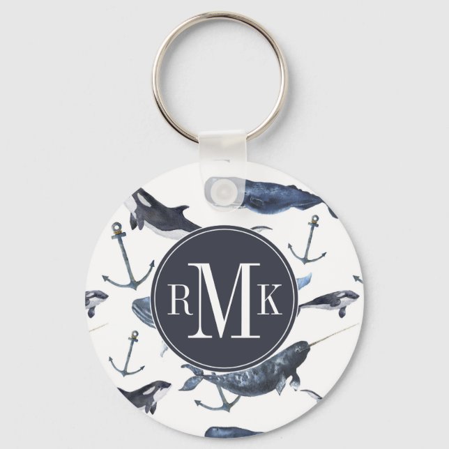 Watercolor Whale & Anchor Pattern Keychain (Front)