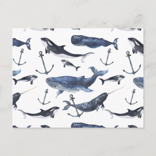 Watercolor Whale  Anchor Pattern Postcard