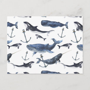 Watercolor Whale & Anchor Pattern Postcard
