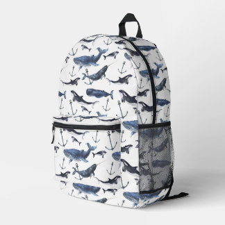 Watercolor Whale & Anchor Pattern Printed Backpack