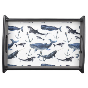 Watercolor Whale & Anchor Pattern Serving Tray
