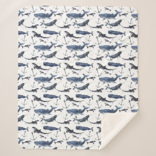 Watercolor Whale & Anchor Pattern Sherpa Blanket