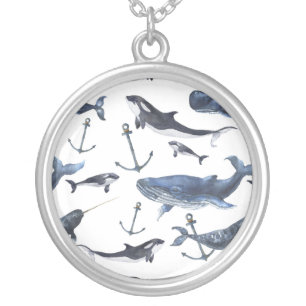 Watercolor Whale & Anchor Pattern Silver Plated Necklace