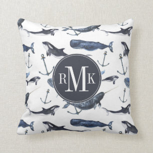 Watercolor Whale & Anchor Pattern Throw Pillow