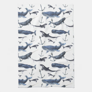Watercolor Whale & Anchor Pattern Towel
