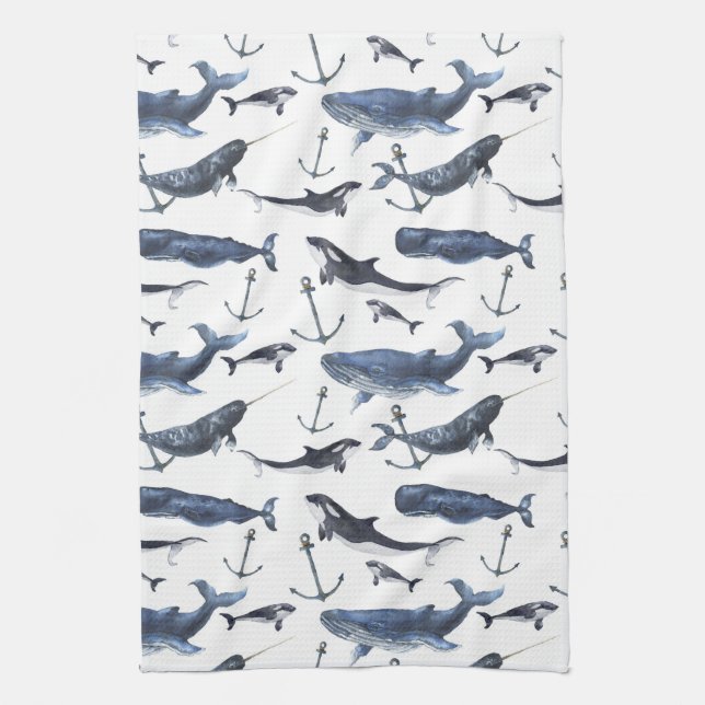 Watercolor Whale & Anchor Pattern Towel (Vertical)