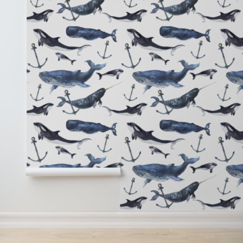 Watercolor Whale  Anchor Pattern Wallpaper