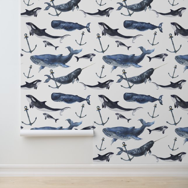 Watercolor Whale & Anchor Pattern Wallpaper (Application)