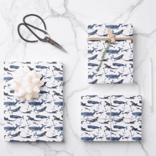 Watercolor Whale  Anchor Pattern Wrapping Paper Sheets