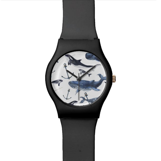 Watercolor Whale & Anchor Pattern Wrist Watch (Close Up)
