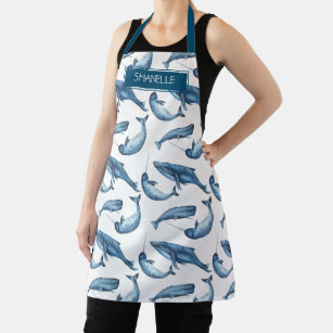 Watercolor Whale and Narwhal Pattern with Name Apron