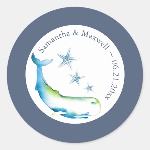 Watercolor Whale and Starfish Blue  Classic Round Sticker