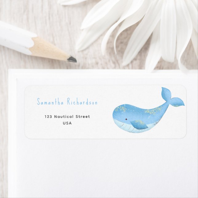 Watercolor whale baby shower label (Insitu)