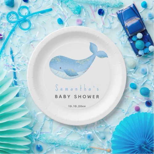 Watercolor whale baby shower paper plates