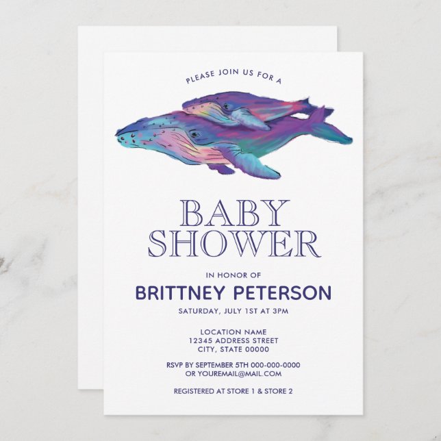 Watercolor Whale Boy's Baby Shower Invitation (Front/Back)