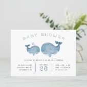 Watercolor Whale Boy's Blue Baby Shower Invitation (Standing Front)