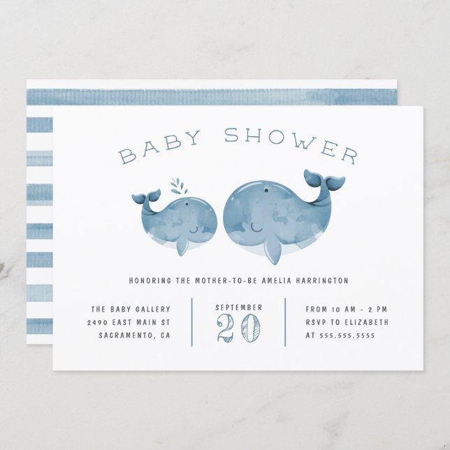 Watercolor Whale Boy's Blue Baby Shower Invitation (Front/Back)