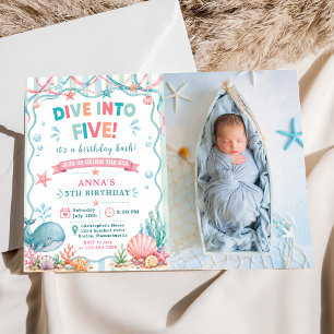 Watercolor Whale Dive Into Five 5th Birthday Invitation