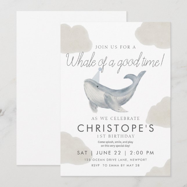 Watercolor Whale First Birthday Invitation (Front/Back)
