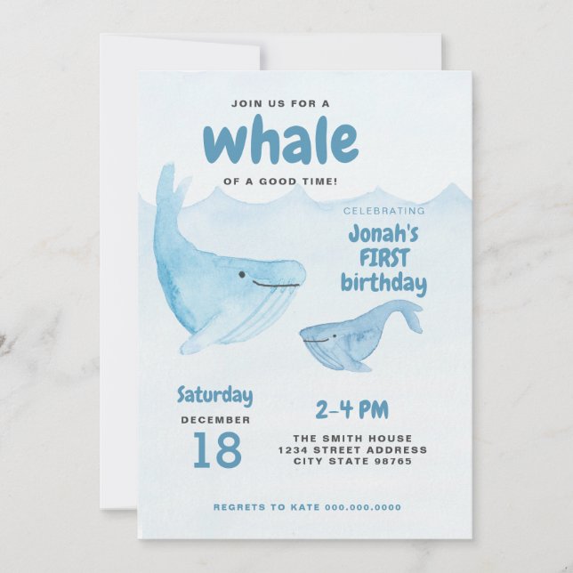 Watercolor Whale First Birthday Party Invitation (Front)