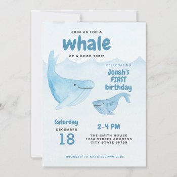 Watercolor Whale First Birthday Party Invitation by LaurEvansDesign at Zazzle