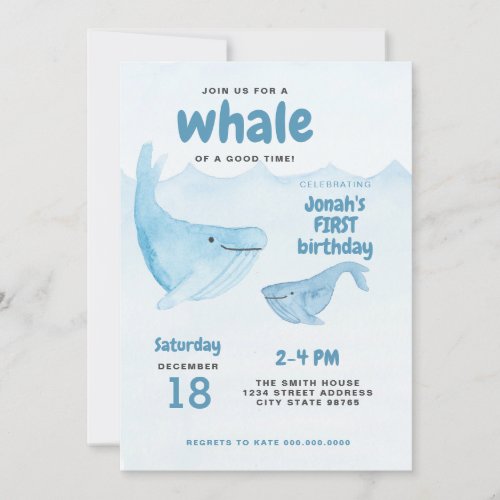 Watercolor Whale First Birthday Party Invitation