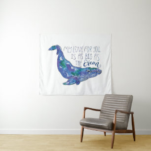Watercolor Whale - Love as Big as The Ocean Tapestry