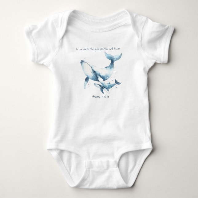 Watercolor Whale Mother Baby Calf Blue Personalize Baby Bodysuit (Front)