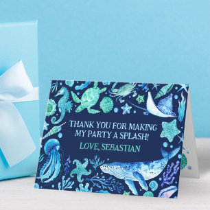Watercolor Whale Navy Under the Sea Party Letterpress Thank You Card