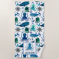 Watercolor Whale Octopus Pattern Kids Nautical Beach Towel