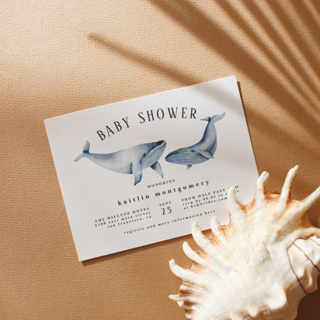 Watercolor Whale Orange & Navy Blue Baby Shower Invitation Postcard