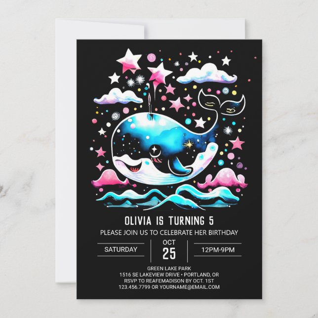 Watercolor Whale Pink Editable Birthday Invitation (Front)