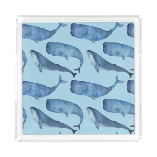 Watercolor whale seamless blue pattern acrylic tray