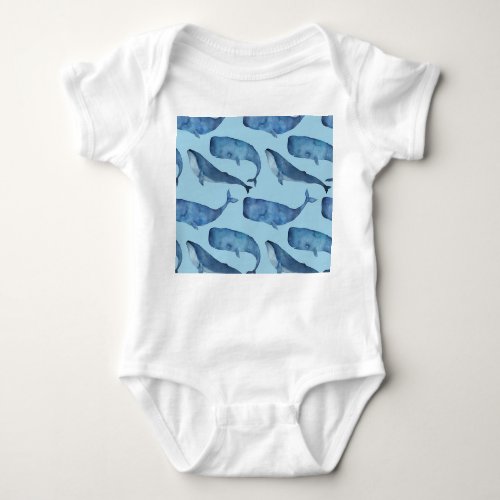 Watercolor whale seamless blue pattern baby bodysuit