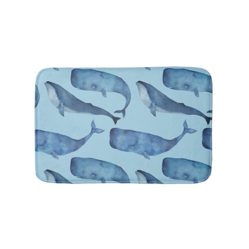 Watercolor whale seamless blue pattern bath mat