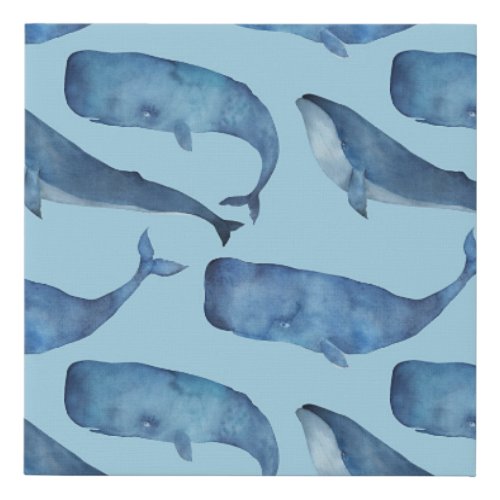 Watercolor whale seamless blue pattern faux canvas print