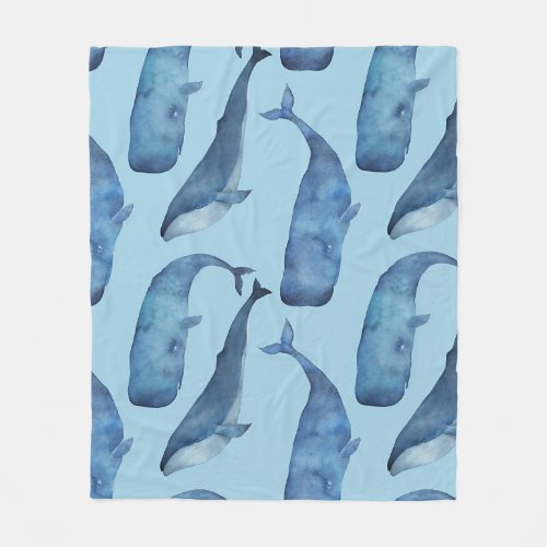 Watercolor whale seamless blue pattern fleece blanket
