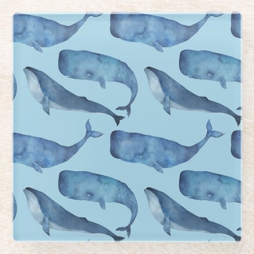 Watercolor whale seamless blue pattern glass coaster