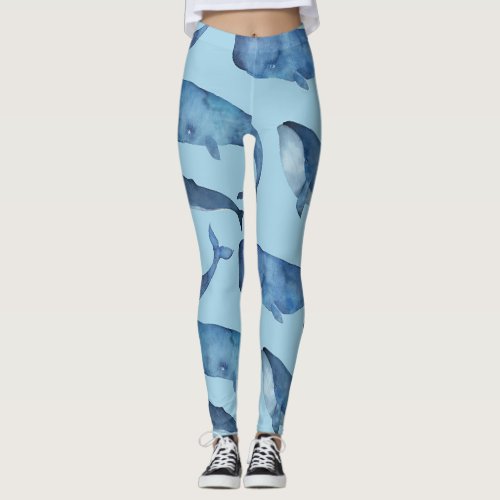 Watercolor whale seamless blue pattern leggings