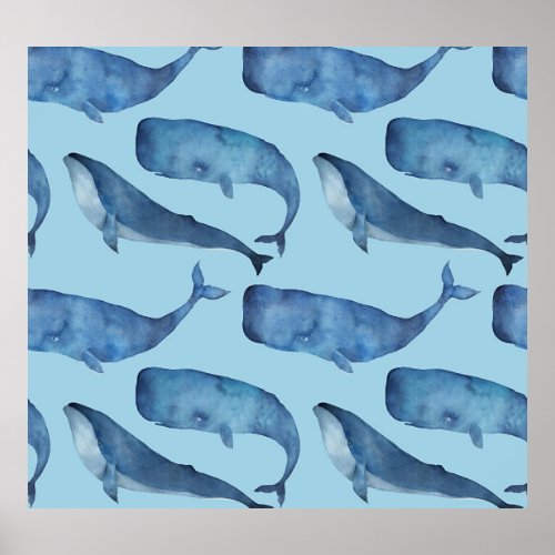 Watercolor whale seamless blue pattern poster