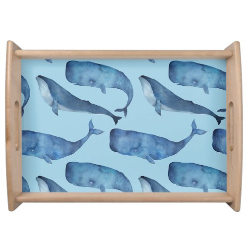 Watercolor whale seamless blue pattern serving tray