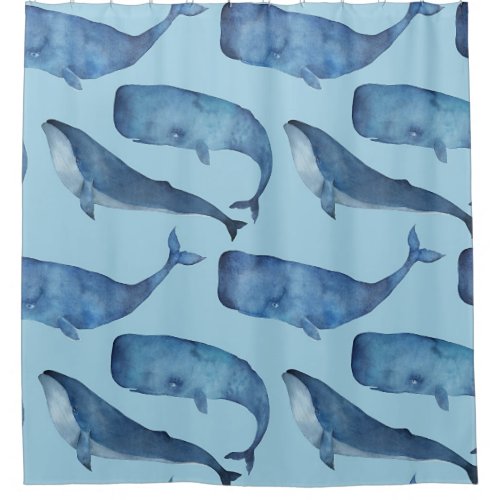 Watercolor whale seamless blue pattern shower curtain