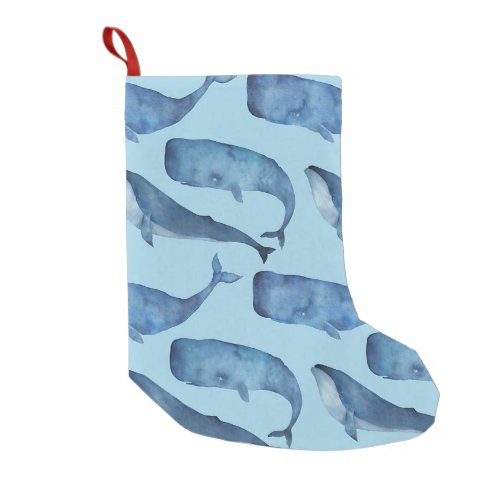Watercolor whale seamless blue pattern small christmas stocking
